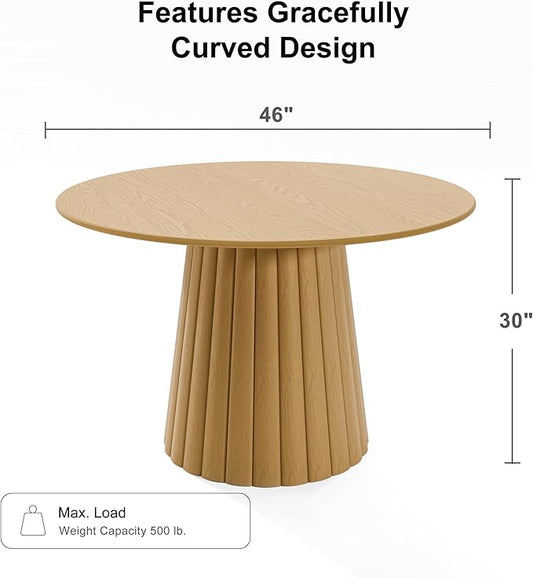 Casaphoria 46" Round Dining Table, Modern Wood Kitchen Table with Cone Shaped Strip Convex Base for Living Room & Dining Room, Easy Assembly Farmhouse Furniture for 4-6, Oak