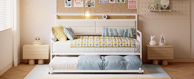 LIKIMIO Daybed with Trundle, Sturdy Metal Twin XL Size Bed Frame with Upholstered Headboard and Charging Station for Living Room, Bedroom and Guest Room, White