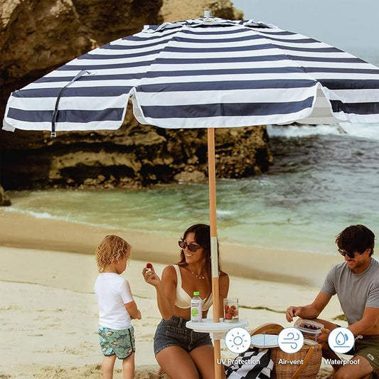 AMMSUN 7.5ft Heavy Duty HIGH Wind Beach Umbrella Commercial Grade Patio Beach Umbrella with Air Vent Ash Wood Pole & Carry Bag UPF50+ Protection Navy Stripe