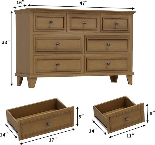 IDEALHOUSE 7 Drawer Dresser, Large Wooden Storage Chest of Drawers with Exquisite Metal Handles, 47" Wide Dresser TV Stand, Drawer Organizer for Bedroom, Living Room, Hallway, Entryway, Brown