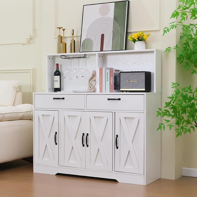 Sideboard Buffet Cabinet with Storage, 47'' Farmhouse Coffee Bar Cabinet, Kitchen Pantry Storage Cabinet with Doors and Shelves for Dining Room, Living Room, Kitchen, White