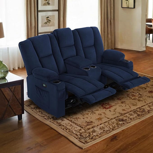 MCombo Zero Gravity Power Loveseat Sofa with Console, Heat and Massage, Reclining Loveseat for Living Room, Fabric 6035SET (Navy Blue, Loveseat with Console)