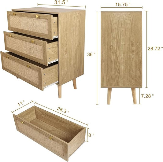 Anmytek 3 Drawer Dresser for Bedroom, Rattan Dresser Modern Wood Chest of Drawers with Spacious Storage for Bedroom Hallway Living Room, Rustic Oak, H0027