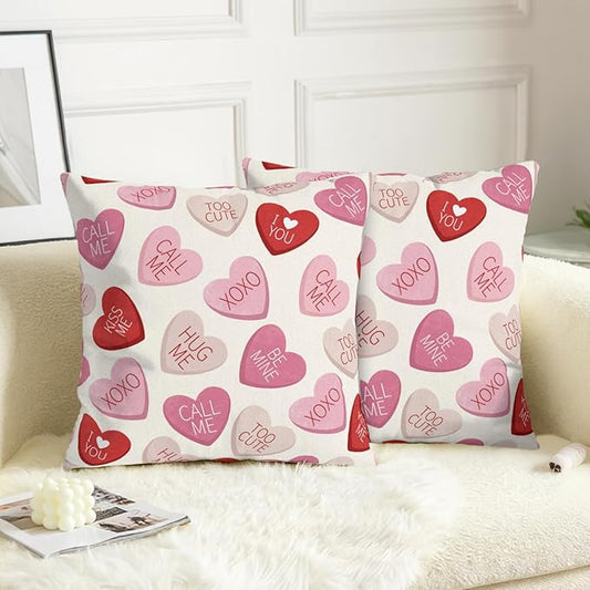Valentines Conversation Heart Pillow Cover 20x20 Set of 2 Valentines Day Outdoor Red Pink Hearts Throw Pillow Covers Cute Candy Heart Pillowscase for Living Room Couch Sofa