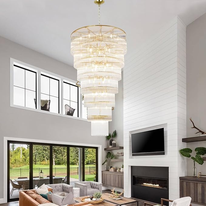 Extra Large Long Brass Chandelier for High Ceiling H68 Modern 7 Tiers Glass Staircase Chandelier Foyer Entryway Lighting Pendant Light Fixture for Grand Living Room Stairway Hall
