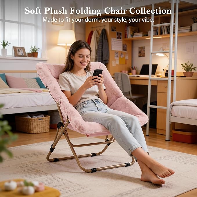Modern Pink Faux Fur Foldable Metal Frame Recliner Chair for Bedroom, Living Room, Balcony