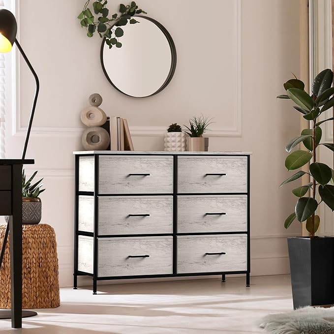 Sorbus Dresser with 6 Faux Wood Drawers - Chest Organizer Unit with Steel Frame Wood Top & Handle Easy Pull Fabric Bins for Clothes - Storage Furniture for Bedroom, Hallway, Living Room & Closet