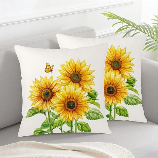 Sunflower Throw Pillow Covers 16x16 Set of 2 Watercolor Yellow Floral Decorative Pillow Cases Summer Outdoor Farmhouse Throw Pillows for Home Couch Sofa Porch Living Room