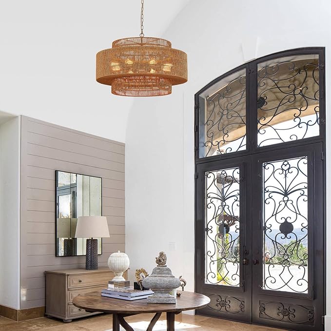 31” Large Rattan Chandelier Light Fixture 8-Light Vintage Farmhouse Hand-Woven Boho Bamboo Rattan Chandelier 3-Tier Drum Wicker Gold Chandeliers for Dining Room, Kitchen, Living Room