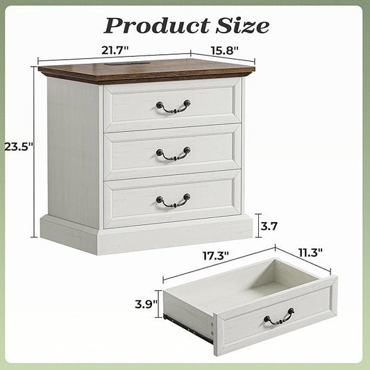 Huuger Nightstand with Charging Station, 3 Drawer Night Stand, 22 Inch Wider Side Table with Storage, Farmhouse Nightstand with Vintage Handles, Thicken Base, for Bedroom, Distressed White