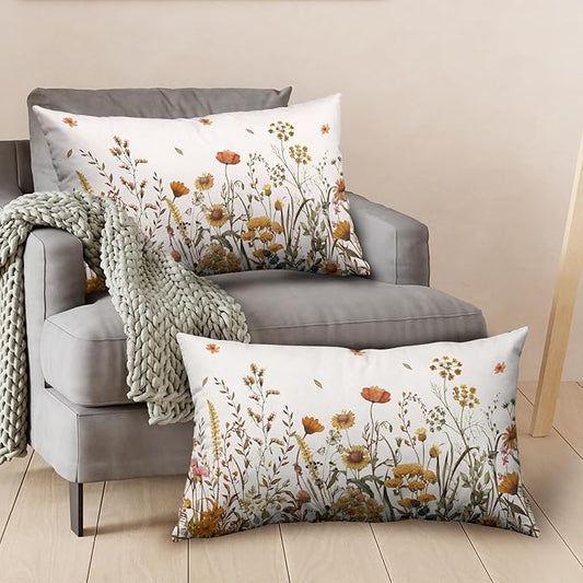Fall Lumbar Pillow Covers 12x20 Set of 2 Autumn Flowers Decorative Outdoor Throw Pillow Case Burnt Orange Floral Thanksgiving Harvest Rectangle Pillowcase for Couch Sofa