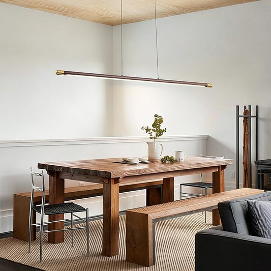 47.2" Wood Linear Pendant Light, Modern Dimmable LED Kitchen Island Lighting 3000K 20W Adjustable Hanging Chandelier for Dining Room Bar Office Walnut Color