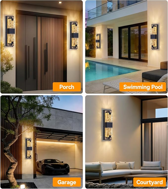 HITTO Porch Lights Outdoor, Dusk to Dawn Outdoor Lighting 15.6'' Outdoor Wall Sconce, IP65 Waterproof LED Exterior Lamp, Ripple Crystal Glass, Black&Gold Modern Porch Light for House Front Door 2 Pack