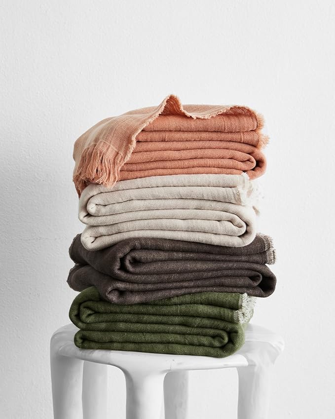 Bed Threads - Linen Muslin Throw - 100% French Flax Linen - Double-Layered & Frayed Edge - Eco-Friendly - Soft & Delicate Blanket - Classic Solid Colorway - Machine Washable - 87” x 59” - Oatmeal