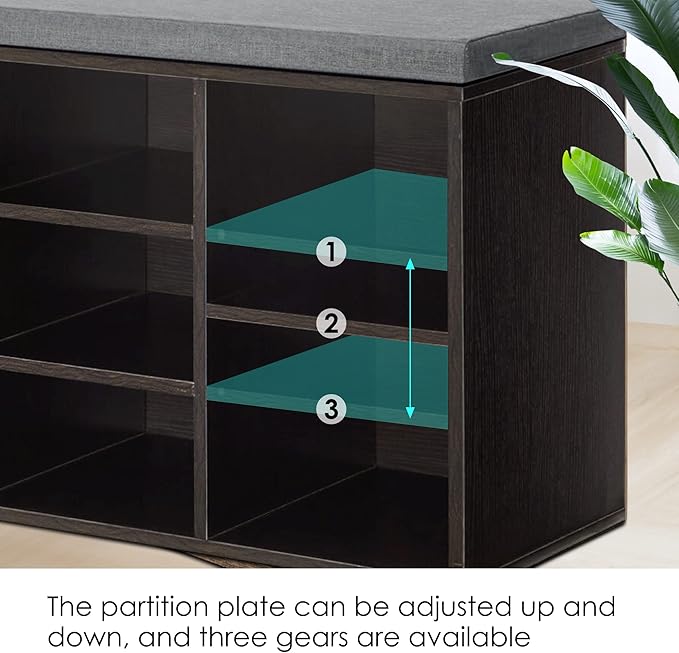 PayLessHere Shoe Bench - 10 Compartment Shoe Organizer with 3-Tier Rack & Adjustable Shelves for Living Room, Entryway, Hallway, Bedroom (Black)