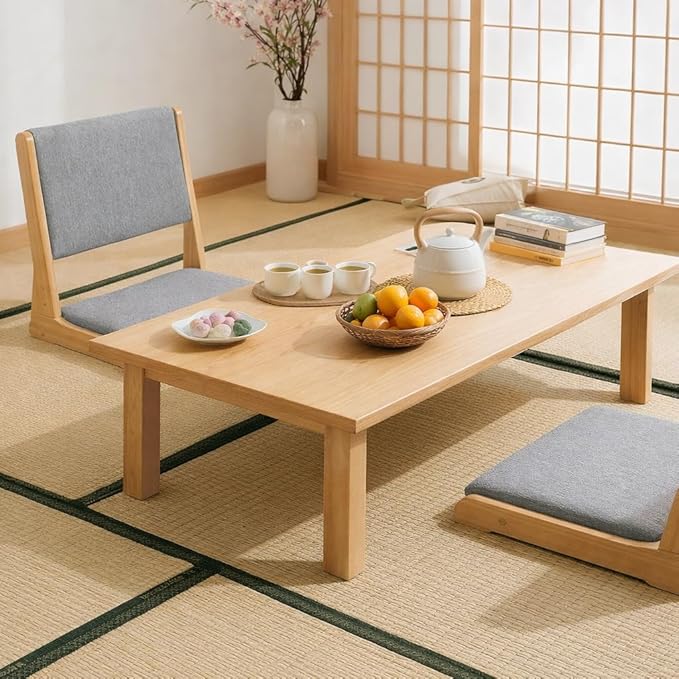 HollyHOME Foldable Japanese Style Floor Chair with Back Support, Wood Legless Tatami Chair with Cushion, Accent Meditation Seat for Bay Window, Living Room, Bedroom, Light Grey