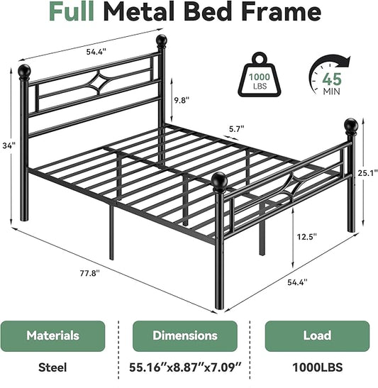 BedsPick Full Bed Frame with Headboard and Footboard, Metal Platform Bed Frame with Round Corner Ball, 1200 LBS Heavy Duty Steel Slats Support, No Box Spring Needed/Noise-Free/Easy Assembly, Black