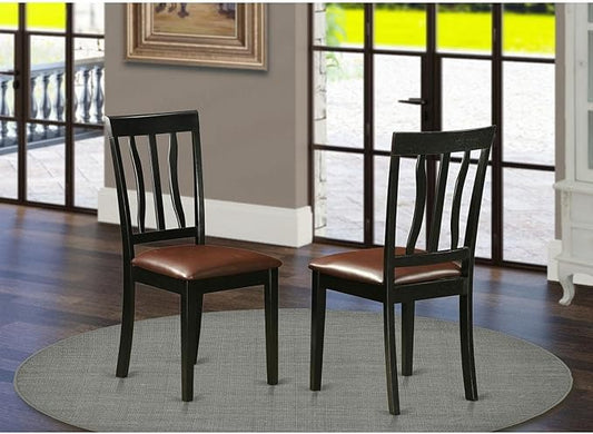 East West Furniture ANC-BLK-LC Antique Dining Room Chairs - Faux Leather Upholstered Wooden Chairs, Set of 2, Black & Cherry