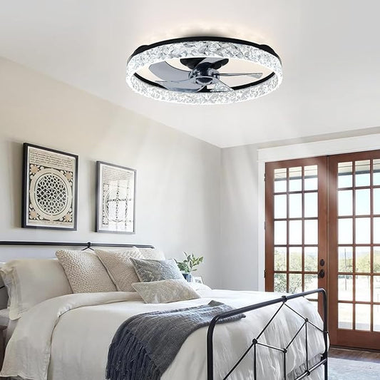 Depuley Bladeless Ceiling Fans with Lights: 20" Black Modern Low Profile Flush Mount Ceiling Fan with App Remote Control - Bedroom Enclosed Crystal Fandelier with Dimmable LED for Living Room Kitchen