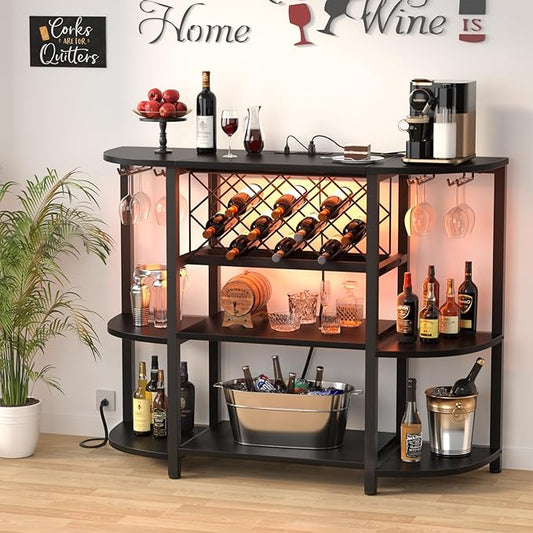 Unikito 4-Tier Metal Coffee Bar Cabinet with Outlet and LED Light, Freestanding Floor Bar Table for Liquor with Glass Holder and Wine Storage, Wine Table Bakers‘ Rack for Kitchen Dining Room, Black