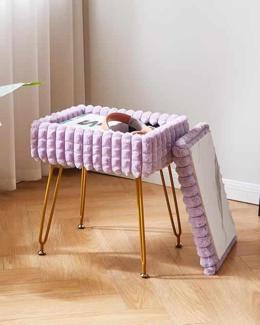 IBUYKE Rectangle Vanity Chair with Storage Space, Footrest Footstool Ottoman, Vanity Stool, Dressing Table Chair, with Anti-Slip Feet, for Makeup Room, Bedroom, Square Grid Pattern, Purple WBD004V