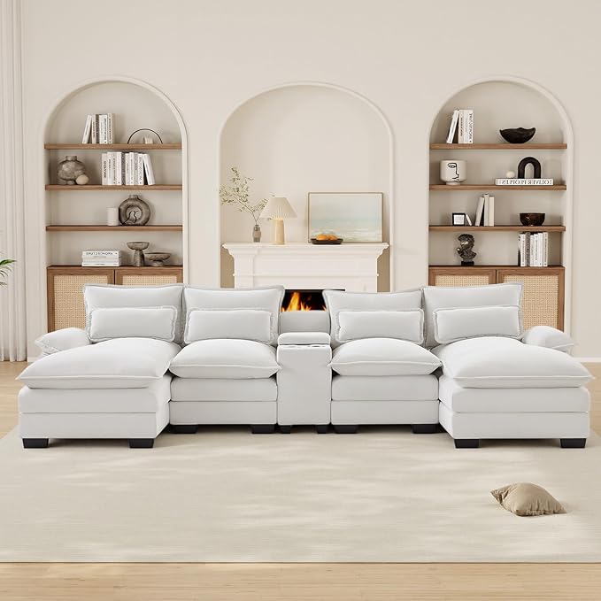 124" Oversized U Shaped Cloud Couch Modular Sectional Couches for Living Room Comfy Chenille Deep Seat Sofa Set with Double Chaise Lounge, Storage Central Console, USB Port, Cup Holders, Beige
