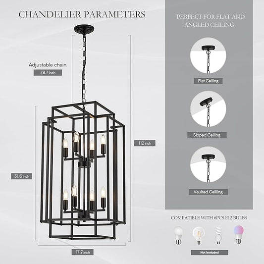 8-Light Lantern Tiered Pendant Light Fixtures, Black Metal Farmhouse Chandelier Hall Foyer Hanging Chandelier for Kitchen Island Dining Room Living Room Foyer Entryway, Black