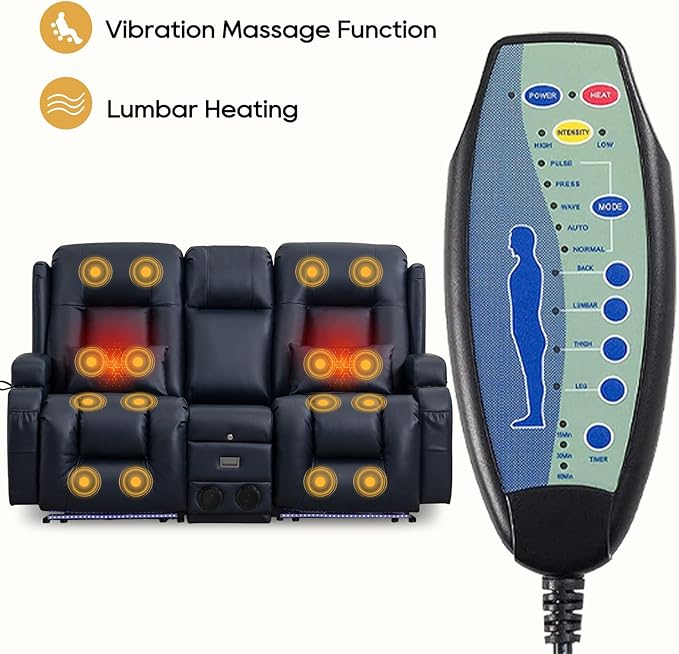 IPKIG Power Recliner Sofa with Flip-Up Backrest Console, USB & USB-C Ports, AC Outlet, LED Lights, Wall Hugger Recliners for Living Room, RV (Dark Blue, 67" - 3 Seat) | Breathable Leather, Zero Gravity, Dual Reclining, 2 Lumabr Pillow, Bluetooth Speakers