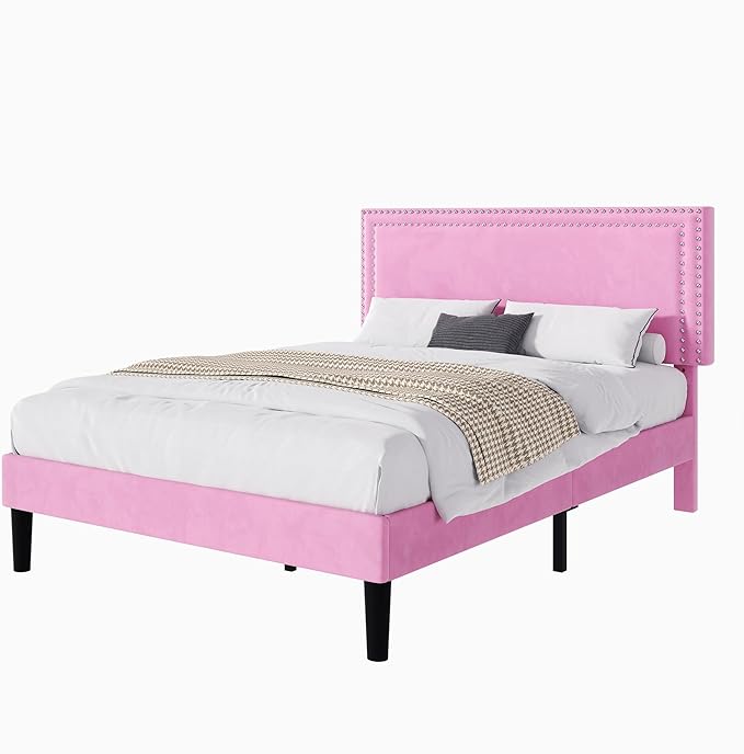 VECELO Queen Size Bed Frame with Adjustable Upholstered Headboard, Wooden Slats Platform, Noise-Free Design, Easy Assembly