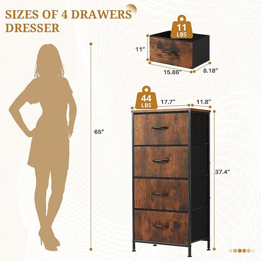 Nightstand with 4 Fabric Drawers, 37.4" H Tall Narrow Bedside Table with Wooden Top Steel Frame for Bedroom, Dorm, Closet, Living Room, Brown