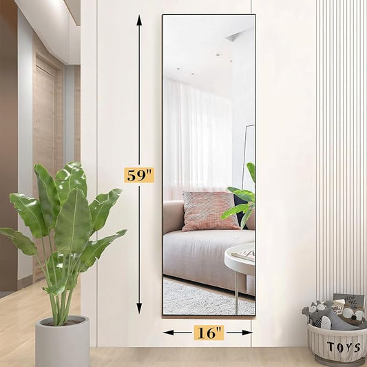 OLIXIS Full Length Mirror 59"x16" for Bedroom, Full Body Mirror with Stand, Hanging or Leaning for Wall, Aluminum Alloy Thin Frame Floor Standing for Living Room, Long, Black