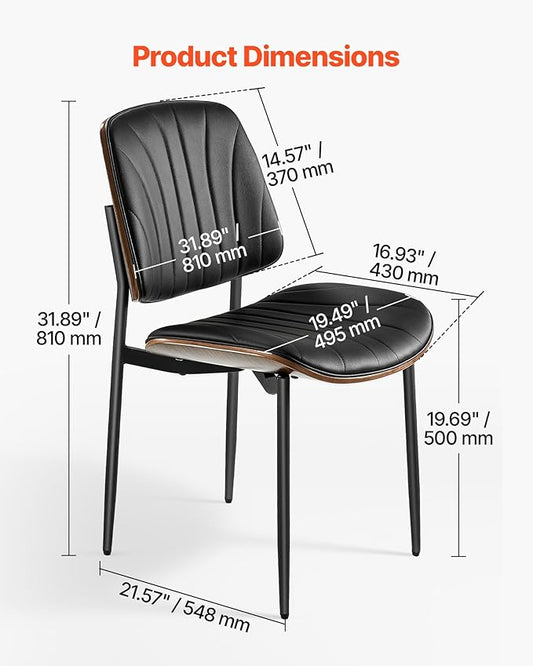 VEVOR Modern Dining Room Accent Chairs Set of 2, Upholstered Leather Side Chair for Dining Room, Space-Saving Kitchen Living Room Chair with Thick Cushions and Metal Legs, Black