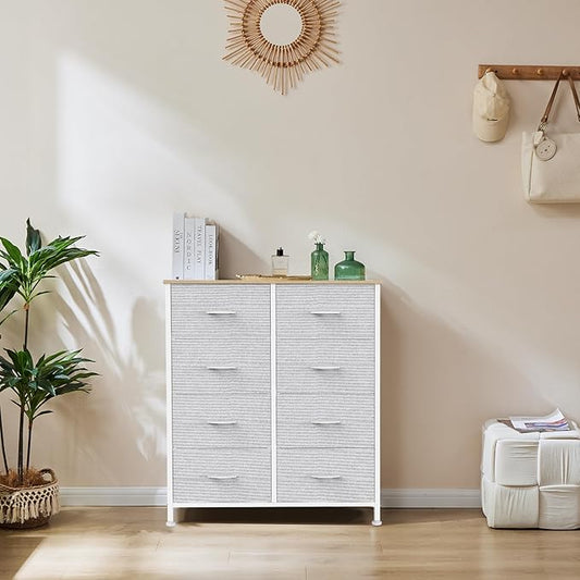 OLIXIS Fabric Dresser Storage Tower 8 Drawer Organizer with Wooden Top and Metal Frame for Bedroom Living Room Closet Entryway, Light Grey