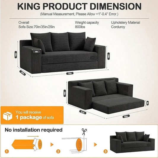 Oversize Boneless Loveseat Convertible Sofa Bed, Folding Floor Futon Sleeper Sofa Queen Size Couch Bed- Boneless Foldable Couch, Corduroy Pull Out Sofa Bed with 5 Pillows for Living Room & Bedroom