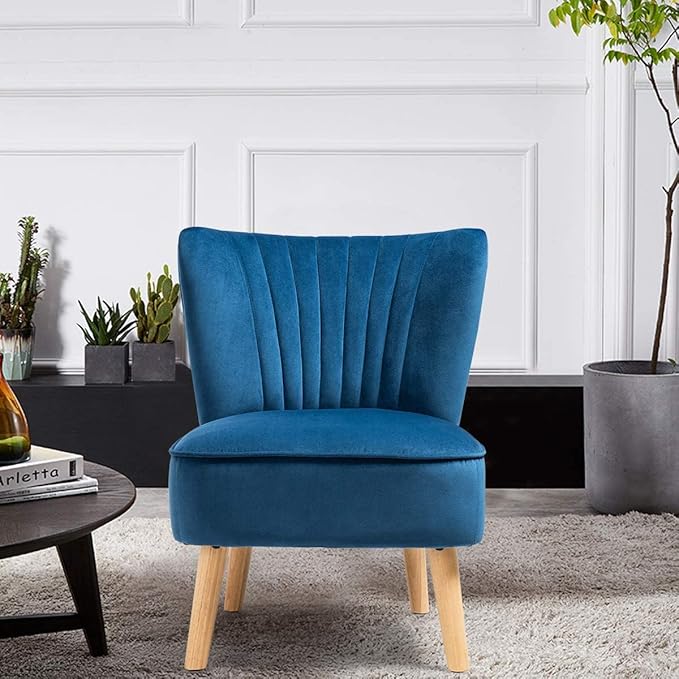 LUARANE Armless Velvet Accent Chair, Modern Leisure Chair with Curved Backrest Thick Sponge Cushion Wood Legs, Small Upholstered Wingback Sofa Chair for Bedroom Living Room (1, Blue)