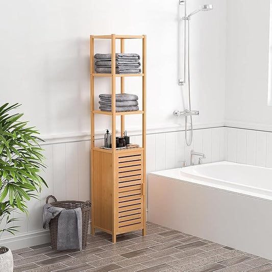 67" Tall Bathroom Cabinet,Linen Tower Cabinet with Single Door and 3 Tier Shelves,Bamboo Freestanding Cabinets Storage Organizer for Living Room, Bedroom, Kitchen