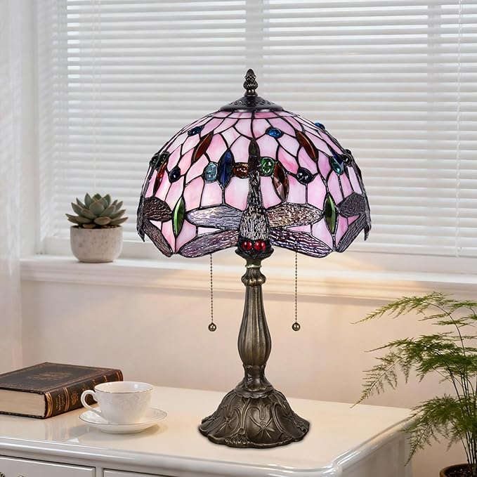 Tiffany Table Lamp, Pink Dragonfly Stained Glass Lamp,12 Inch Tiffany Style Lamp for Bedroom Living Room Home, Handcrafted Light, Included Bulb