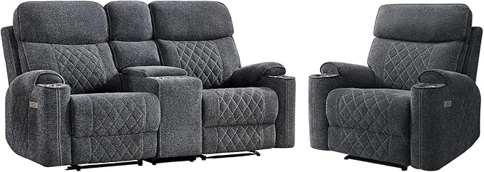 HAOMARKETS 2-Piece Power Recliner Sofa Set with Charging Port, Include Single Recliner Chair and 2-Seater Loveseat Reclining Couch with Hidden Storage and Cup Holders for Living Room, Dark Grey