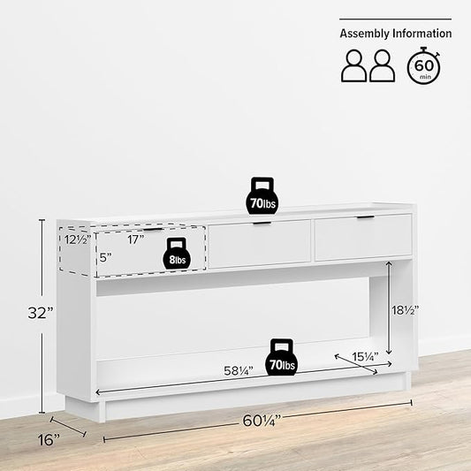 Prepac White Simply Modern Entryway Table, Narrow Console Table with 3 Drawers, Media Console with Storage, 15.75" D x 60.25" W x 32" H