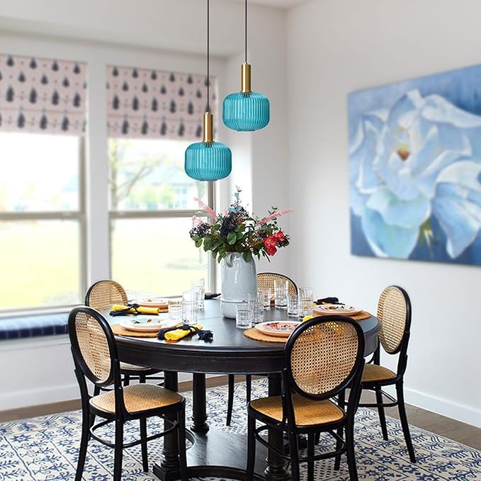 Hanging Pendant Light Plug in, 2 Pack Blue Ribbed Glass Pendant Lighting with Plug in Cord, Mid Century Modern Gold Plug in Hanging Light Fixtures for Kitchen Island Dining Room Bedroom