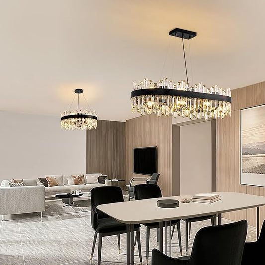 CROSSIO Modern Black Crystal Chandelier, 16-Light Rectangular 2-Tiers K9 Crystal Raindrop Chandelier, Luxury Flush Mount Hanging Ceiling Light for Dining Room Living Room Kitchen Island L35.4''