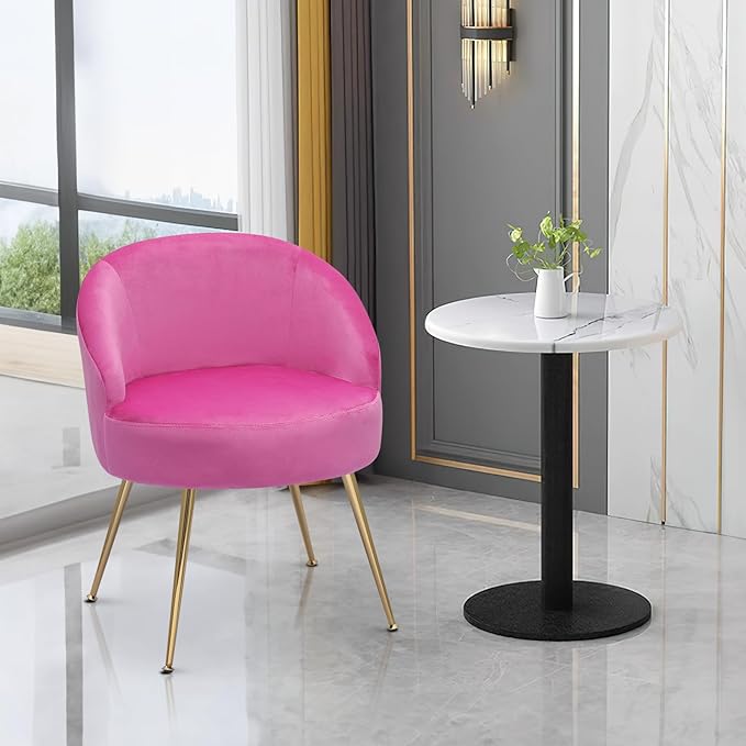 MoNiBloom Upholstered Velvet Accent Chair Girl's Pink Vanity Chair, Mid-Century Modern Barrel Chair w/Golden Metal Legs, Retro Leisure Reading Comfy Lounge Chair for Living Room Bedroom