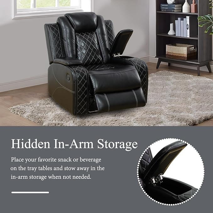 Power Recliner Sofa Set with LED, Air Leather Reclining Sofa Set, 3 Piece Living Room Set with USB Charging,Drop Down Table&Storage (Black Standard Version Total of 2 Cup Holders)
