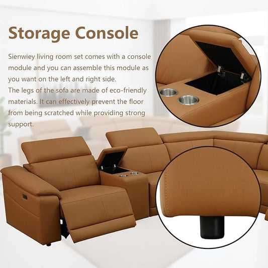 Power Reclining Sectional Sofa with Console,4 Seats Leather Sectional Couch Living Room Set L Shaped Couch with Cup Holders/USB Charging/Manual Adjustable Headrests,Ginger