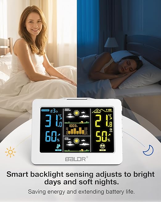 Wireless Weather Station with Outdoor Sensor, Indoor Outdoor Thermometer Hygrometer, HD Color Display, Smart Backlight, Rechargeable Battery Temperature Humidity Monitor