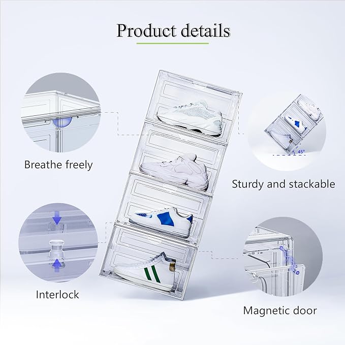 XL Shoe Storage Box,8 Pack Drop Side Shoe Boxes Clear Plastic Stackable,Sneaker Display Case with Magnetic Door Fit up to US 13(13.4”x 10.6”x 8.3”(8 Pack Clear)