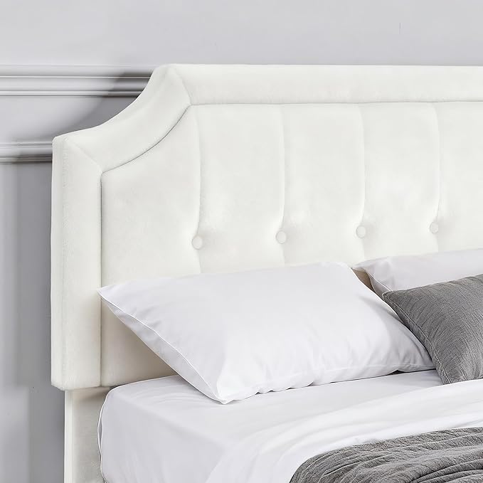 VECELO Queen Size Bed Frame with Velvet Upholstered Headboard, Platform Bedframe Mattress Foundation, Sturdy Wooden Slats Support,No Box Spring Needed Noise Free/Easy Assembly, Off White