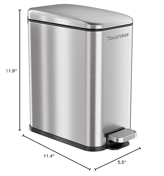 iTouchless SoftStep 1.3 Gallon Slim Bathroom Trash Can with Odor Filter and Removable Inner Bucket, Stainless Steel, 5 Liter Small Garbage Step Bin, Bathroom, Bedroom, Business, Home, Office Cubicle