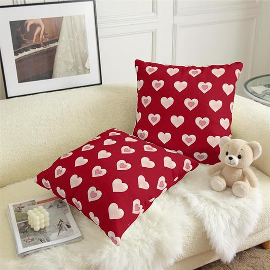 Valentine Day Outdoor Throw Pillow Covers 18x18 Set of 2 Red Pink Heart Pillows Cases Valentines Decorative Cushion Covers for Bed Couch Sofa Living Room