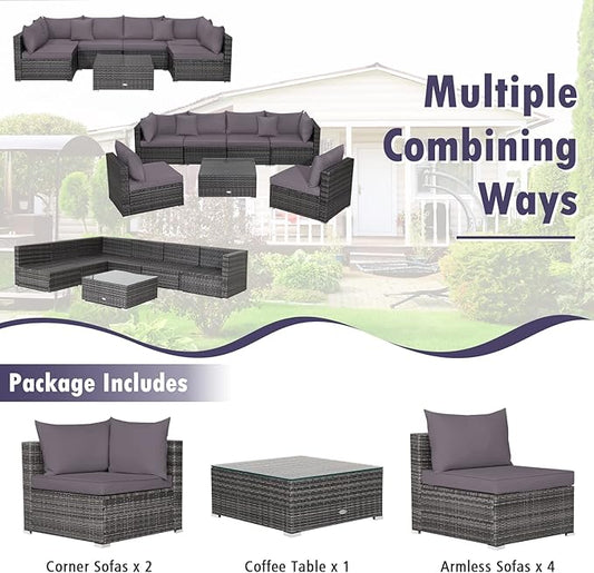 Tangkula 7 Piece Patio Wicker Furniture Set, Outdoor Rattan Sectional Sofa Set for 6 with Seat & Back Cushions, 2 Throw Pillows, Sofa Fastener Clips, for Backyard, Poolside, Deck and Garden (Gray)